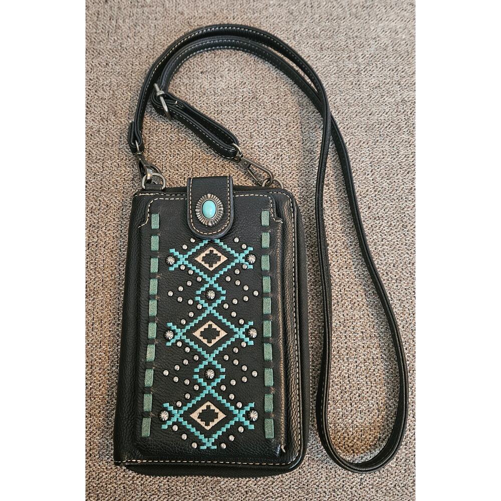 American Bling Embroidered Aztec Phone Wallet/Crossbody black Turquoise